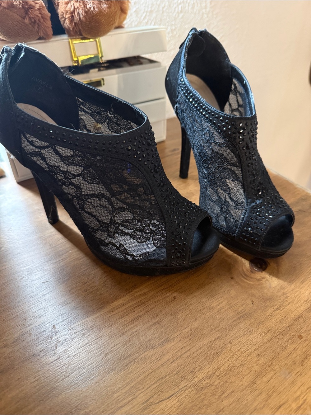 David's Bridal Black Lace Peep-Toe High Heel Booties with Stud Accents